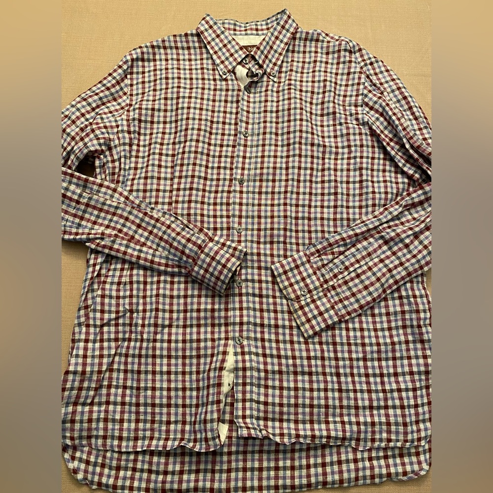 Hickey Freeman Linen Plaid Shirt (multi color) Button Up -Size XL- Long Sleeve